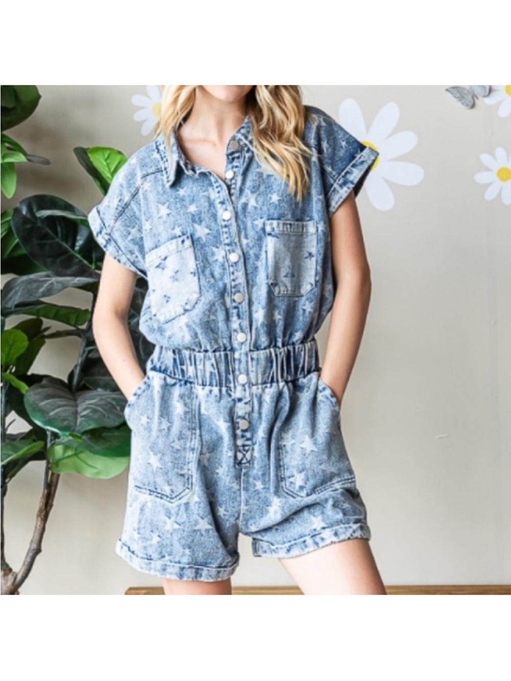 Oli & Hali Star-Print Denim Romper - Blue